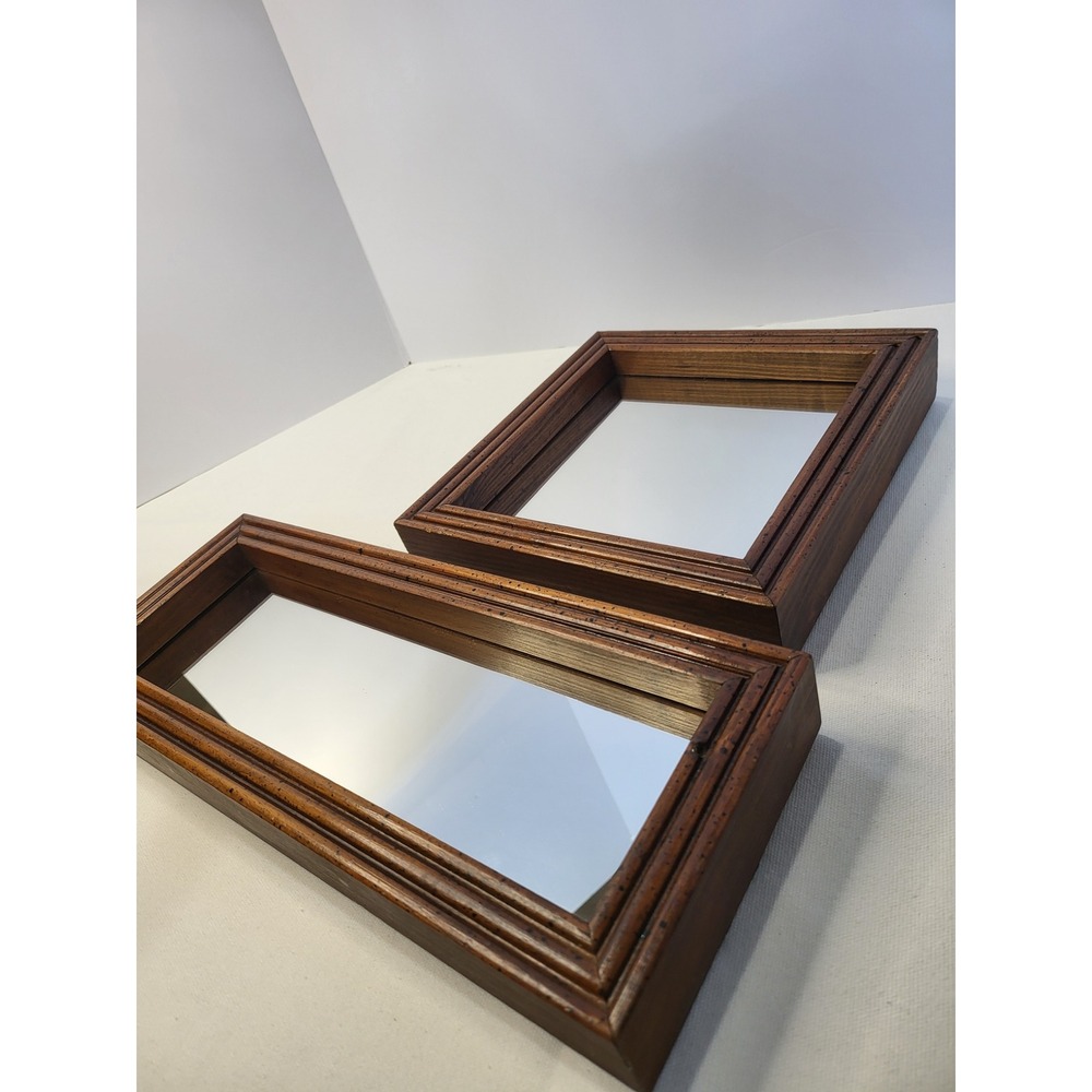 Vintage Wood Shadow Box Mirror Set 2 Piece Speckled Walnut Finish Wall Decor